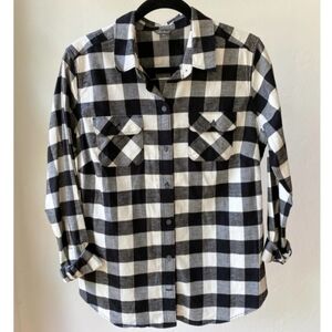 EDDIE BAUER Women's Black/White Plaid Long Sleeve Button Down Flannel Shirt sz S